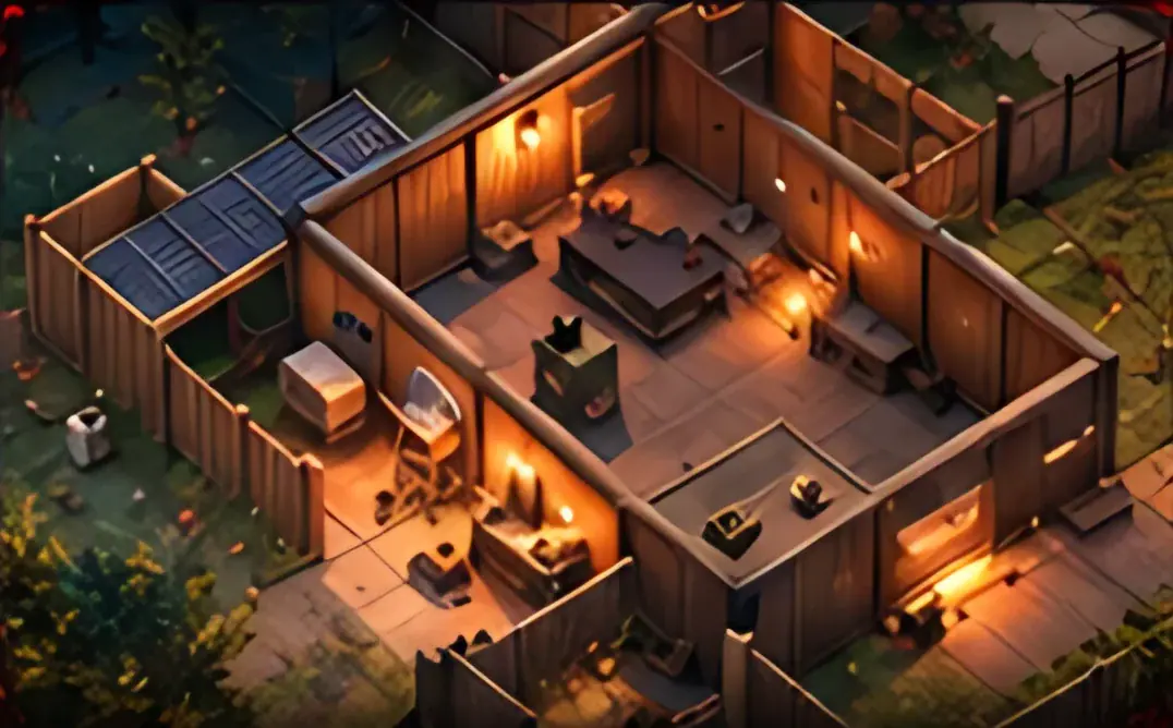 Isometric cutaway of a fortified wooden shelter with lit rooms and solar panels
