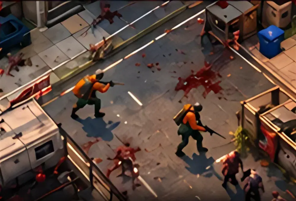 Isometric gameplay: two armed survivors fight the infected together on a city street