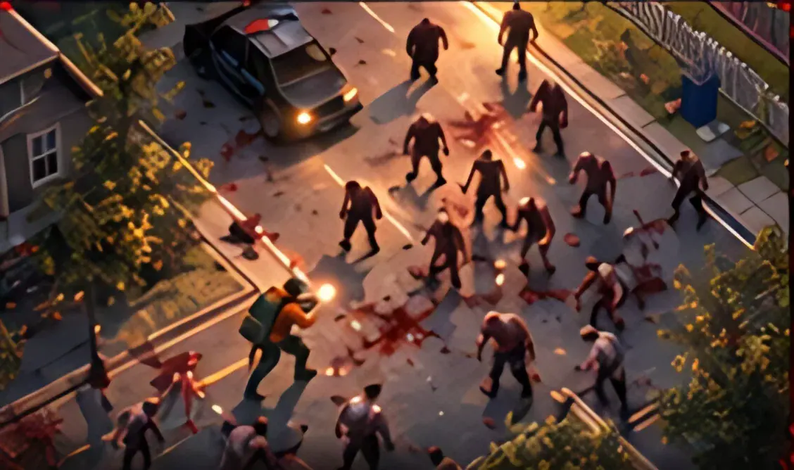 Isometric gameplay: a large zombie horde closes in on a survivor near a police car
