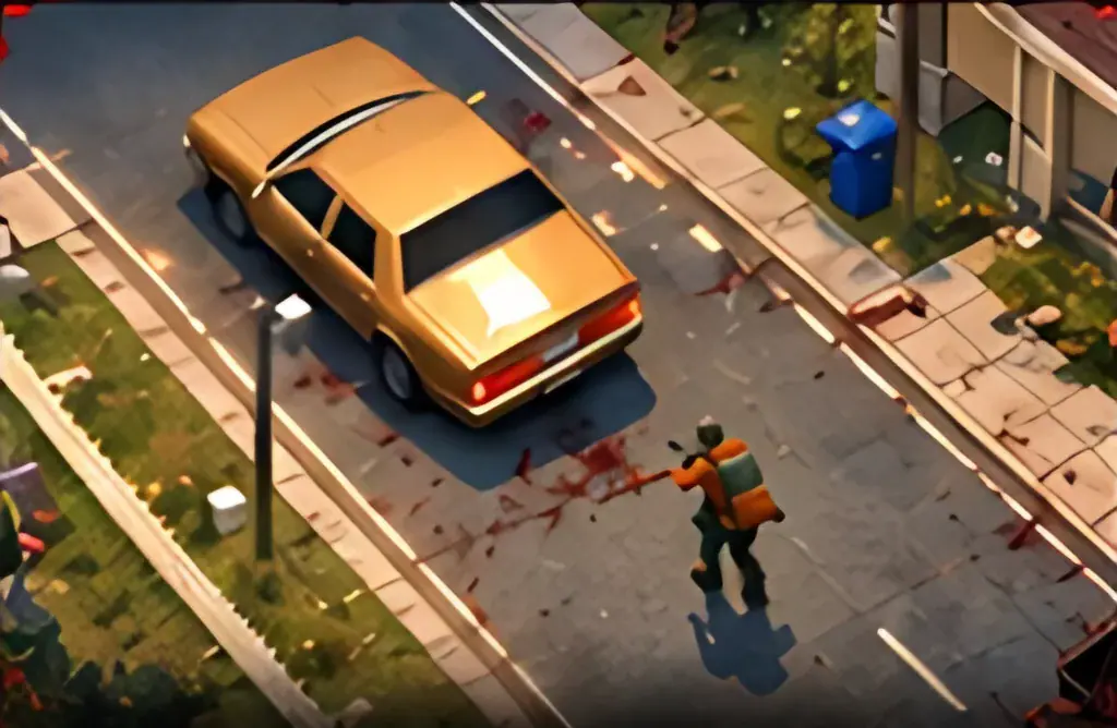 Isometric gameplay: a survivor crosses a blood-stained suburban street beside an abandoned taxi