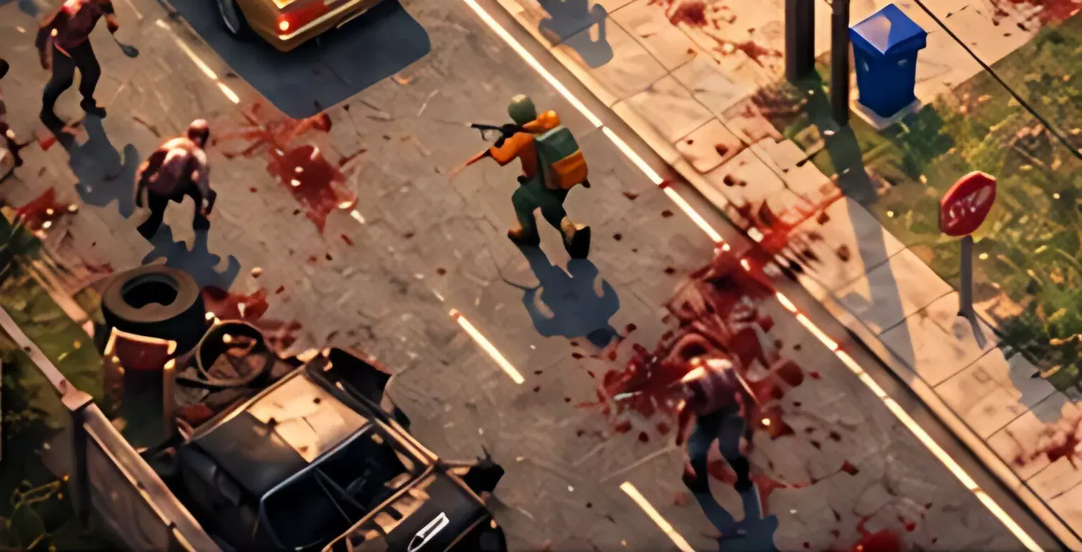 Isometric wreck of a pickup truck and loose tires blocking a bloody street