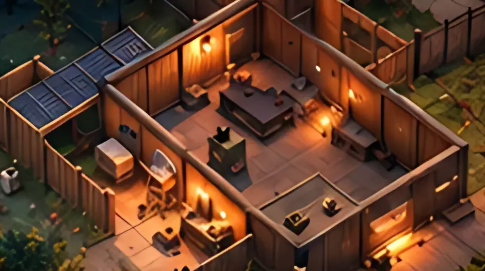Isometric cutaway of a safehouse interior lit by warm lamps
