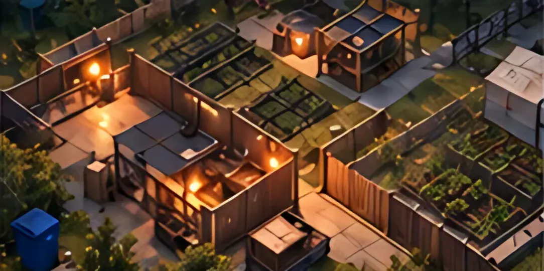 Isometric view of a walled compound with vegetable plots and lit sheds at night