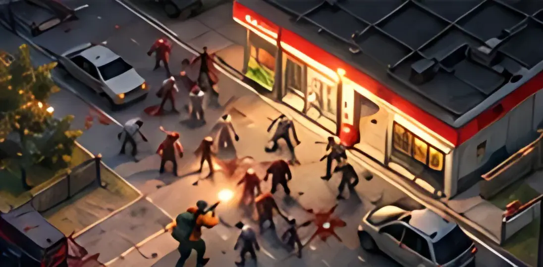 Isometric view of a horde swarming a gas station convenience store
