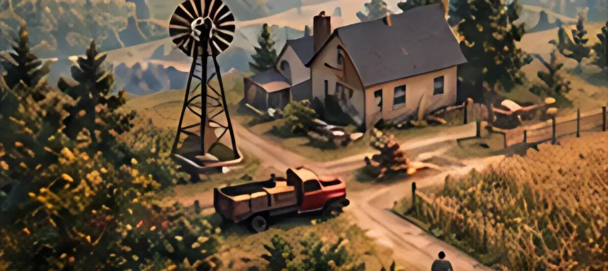 Isometric rural farmstead with a windmill, farmhouse and pickup truck beside a cornfield