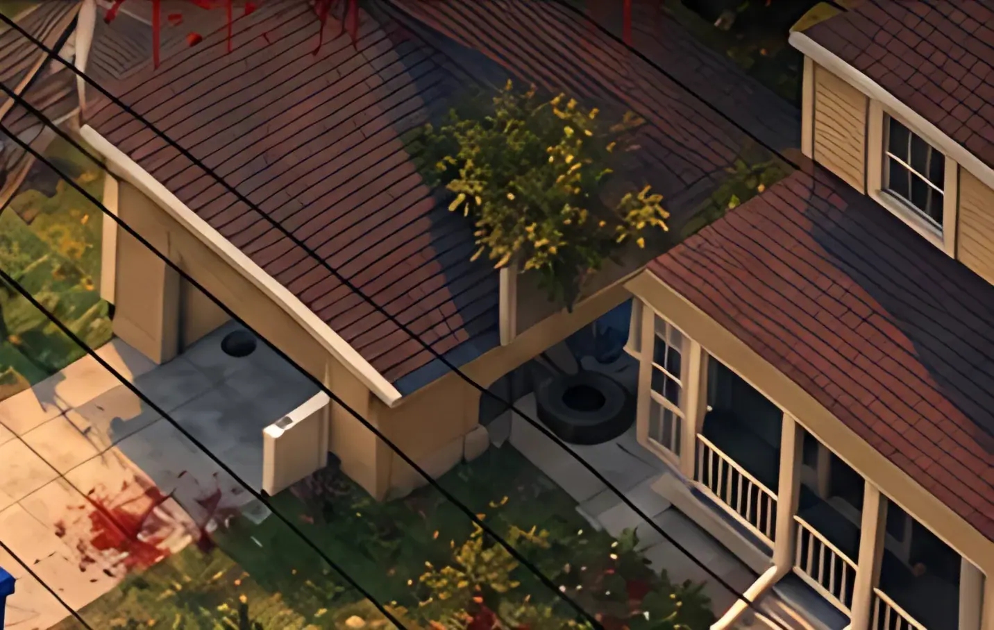 Isometric suburban houses with porches, lawns and a lone infected on the sidewalk