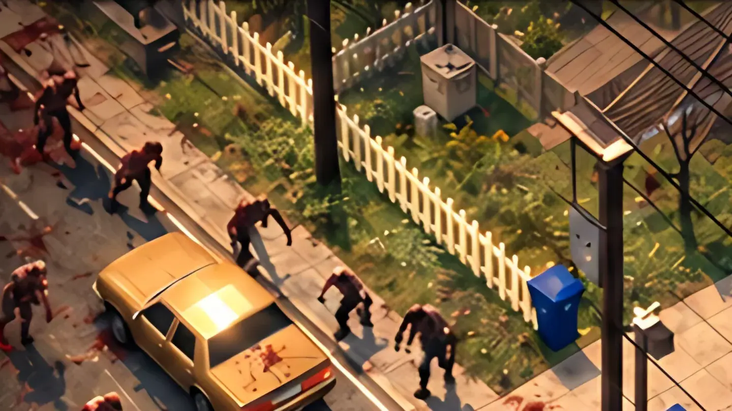 Isometric suburban street with a survivor, an abandoned taxi and shambling zombies