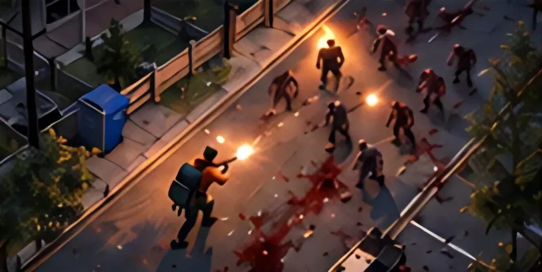 Isometric night combat: a survivor fires on the infected under the street lights